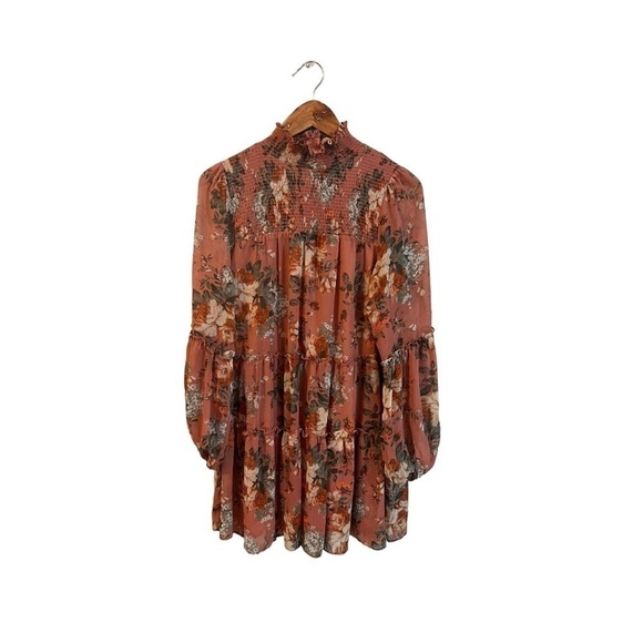 Trixxi Dress Mock Neck Fit & Flare Size Large Floral Long Sleeves Smocked - Picture 7 of 7